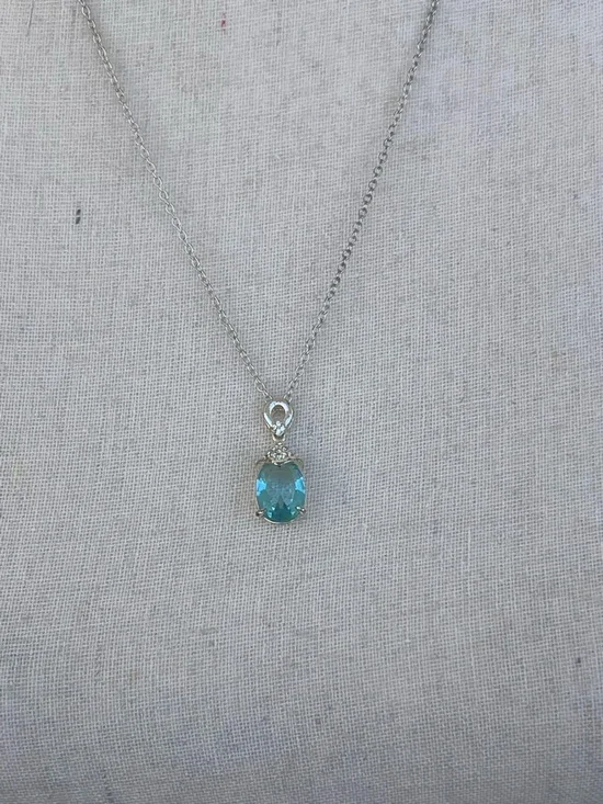 Simulated Aquamarine 925 Sterling Silver Necklace Light Blue with Cubic Zirconia - Picture 3 of 6